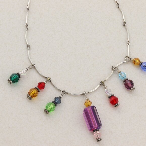 Sterling Silver Beaded Multi Color Necklace 16 inch Chain - Picture 9 of 10
